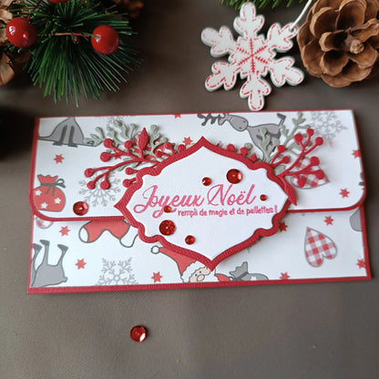 Pochette de Noël pour carte-cadeau, rouge, blanche et grise