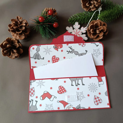 Pochette de Noël pour carte-cadeau, rouge, blanche et grise