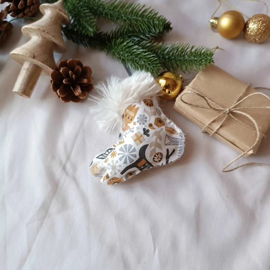 Décoration de Noël en forme de botte tissu blanc or et argent