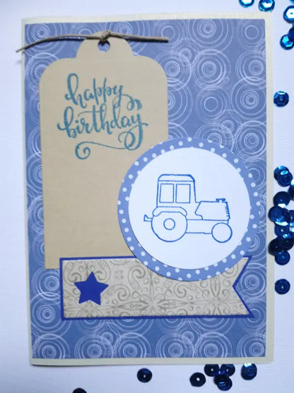 Carte « happy birthday », tracteur, format 10,5x14,7cm