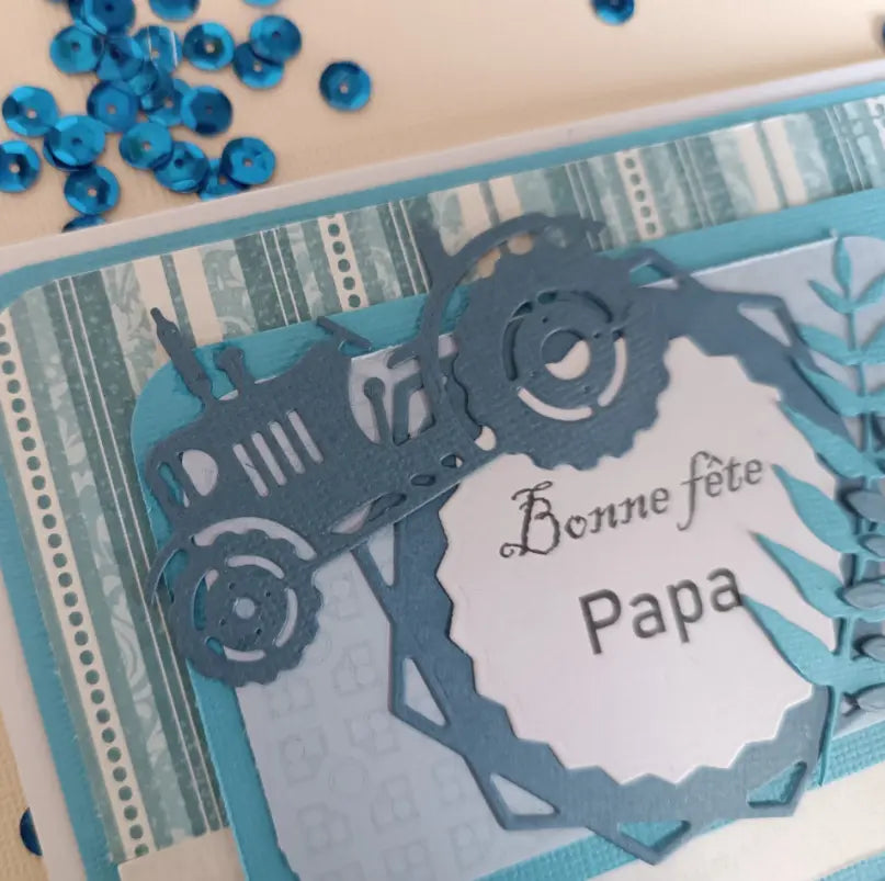 Carte bonne fête Papa, bleu avec son tracteur format A6