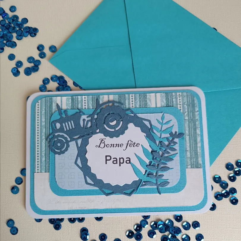 Carte bonne fête Papa, bleu avec son tracteur format A6