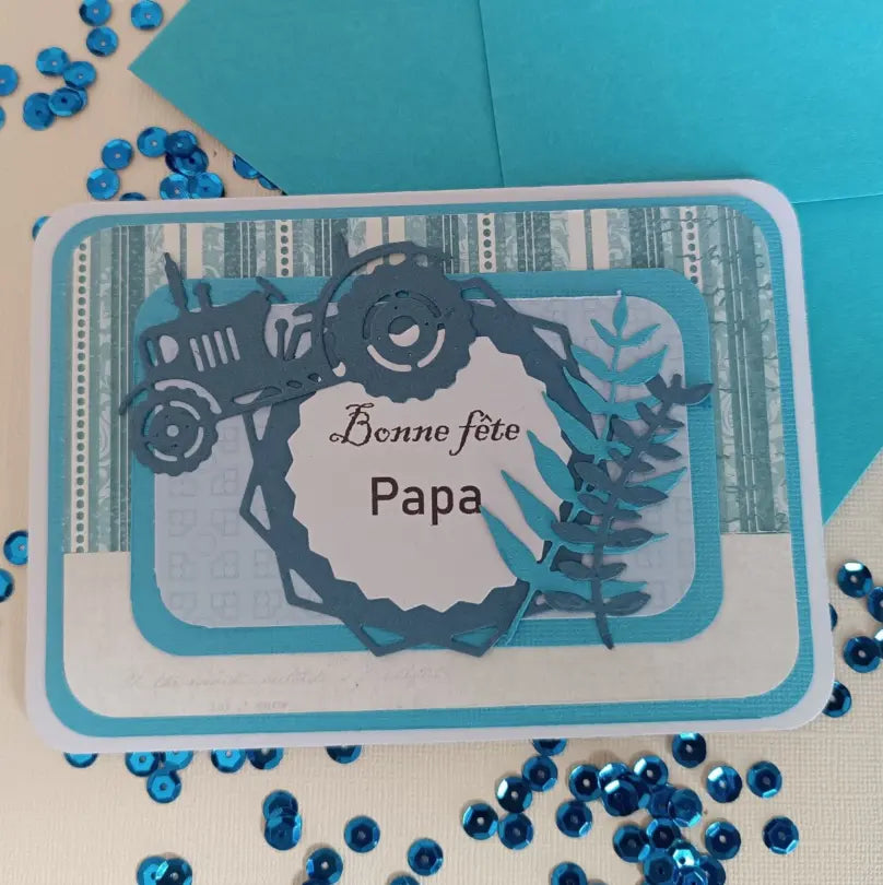 Carte bonne fête Papa, bleu avec son tracteur format A6