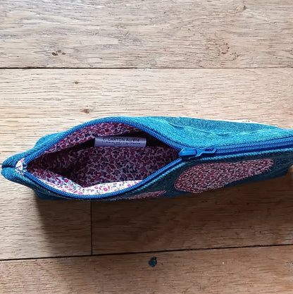 Trousse à crayons en jeans et imprimé fleuri bordeaux, entièrement doublée